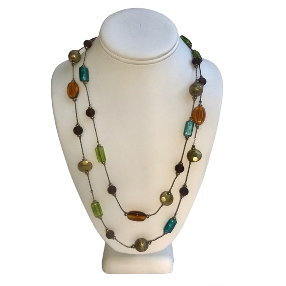 None Jewelry - Glass Beaded Necklace on Goldstone Chain approx. 48" Long